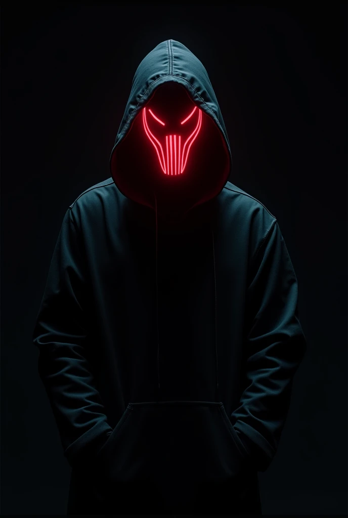 male character, hooded, cyberpunk , with a neon red mask, more simple art, black background , dont showing his face, cool cyberpunk mask
