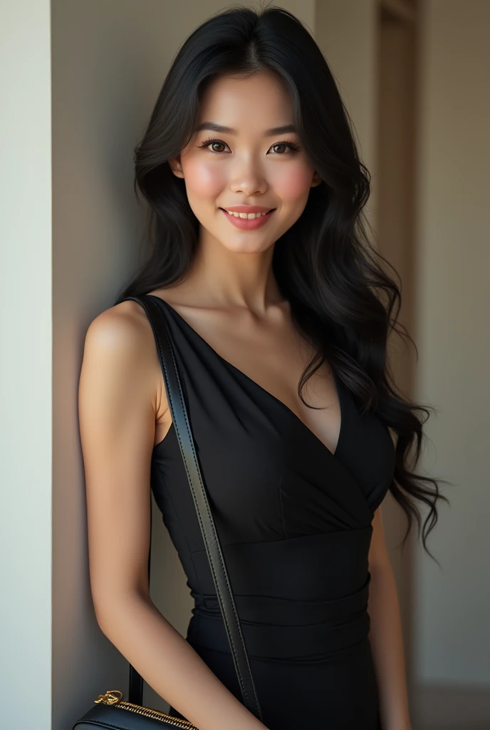 draw me a picture of a beautiful Chinese woman with long hair and a smile wearing a short black dress and holding a black Hermes bag