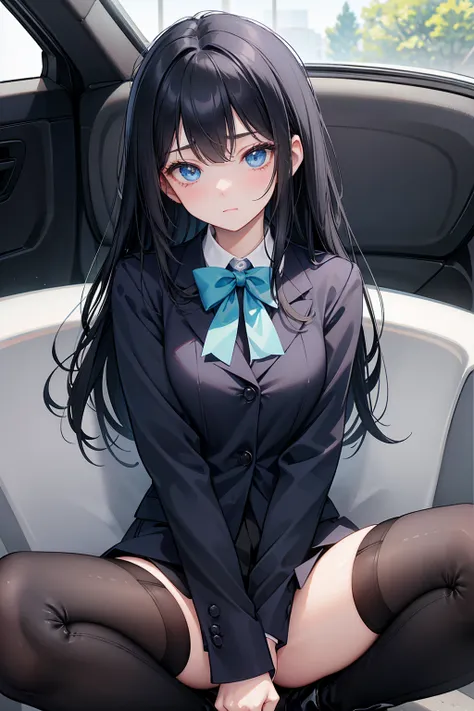 High school students ， already, Black Hair ， With warm blue eyes ， Wore a brand new blue suit and black boots， Pure white collar and bright green bow 。 has long Black Hair and warm blue eyes ， Lean back in the car seat ， Pose Alluring , spread legs , lower...