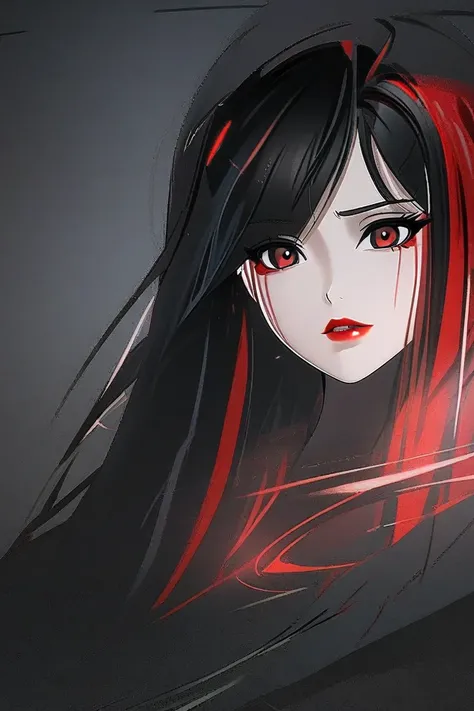 close-up of korean kpop girl idol face with brown eyes, red lips, long dark black hair with red highlights, i cant believe how beautiful this is, cosplaygirl,chinese animation, with light blue and dark black dress style, feminine body, cg style