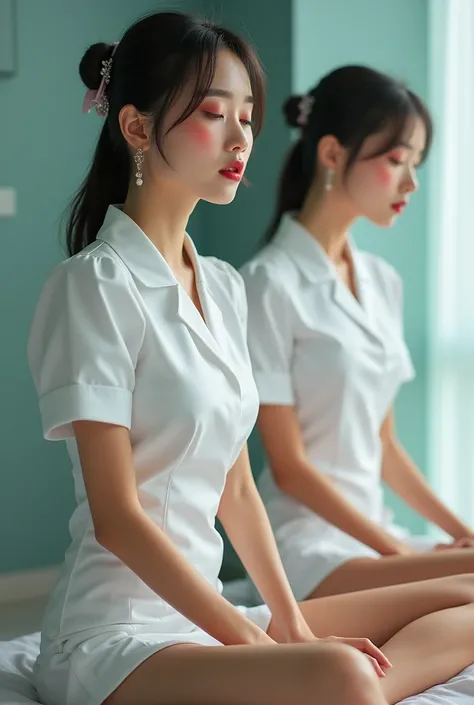 2 sexy Korean nurses with hair tied, top quality,Amazing image quality ,Beautiful and aesthetic appearance ,white nurse uniform ,Short dress skirt , colorful and dark makeup , round red cheeks ,large pupils, slim and long legs ,Lotus pose