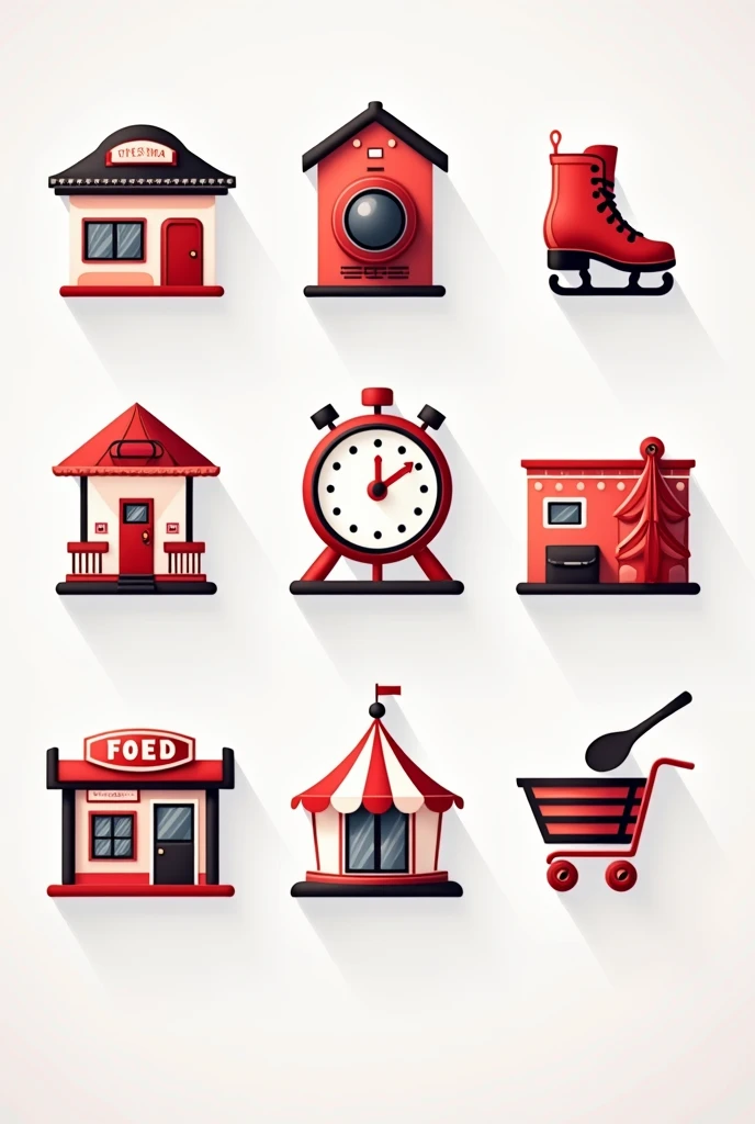 make icons for whats relevant on Instagram in white ,  red and black colors in New Years style

rubrics: food court  (with a picture of a ),  rens play area  ( packages with a ), skates  ( clock with a picture of ), shopping ( skates with a picture of ),  ...