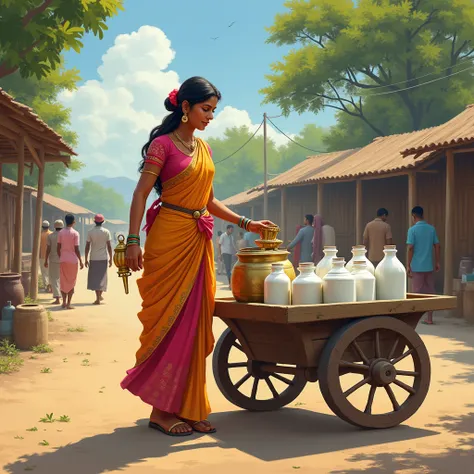 A traditional Indian milkmaid, dressed in a colorful saree with her hair tied back, standing beside a wooden cart filled with milk cans. She is carefully measuring milk with a small brass container into customers pots. The setting is a rural village market...