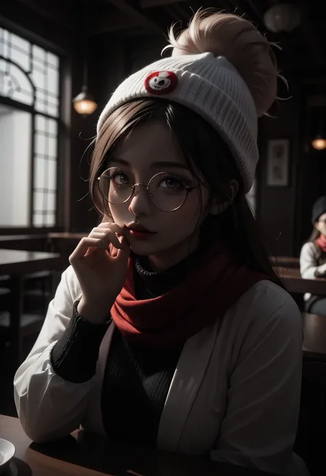 there is a sexy and alluring adorably cute woman that is holding a steamed bun in a Chinese restaurant, wearing small round glasses, wearing thin large round glasses, cute and adorable white fluffy beanie, red scarf, girl wearing round glasses, thick round...