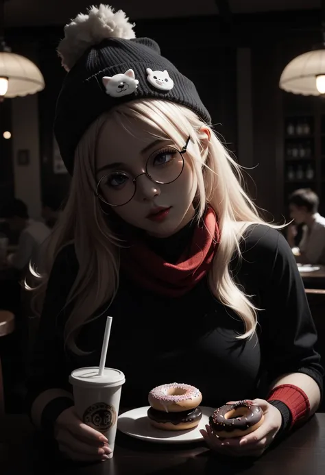 there is a sexy and alluring adorably cute woman that is holding a doughnut in a restaurant, wearing small round glasses, wearing thin large round glasses, cute and adorable white fluffy beanie, red scarf, girl wearing round glasses, thick round spectacles...