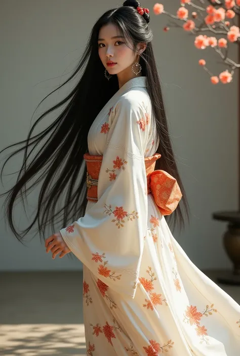 Korean beautiful woman with long black hair wearing a Japanese kimono and Japanese clogs