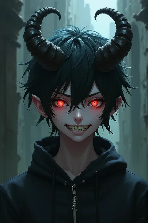 Create a Anime boy character with horns, evil smile, mad eyes 