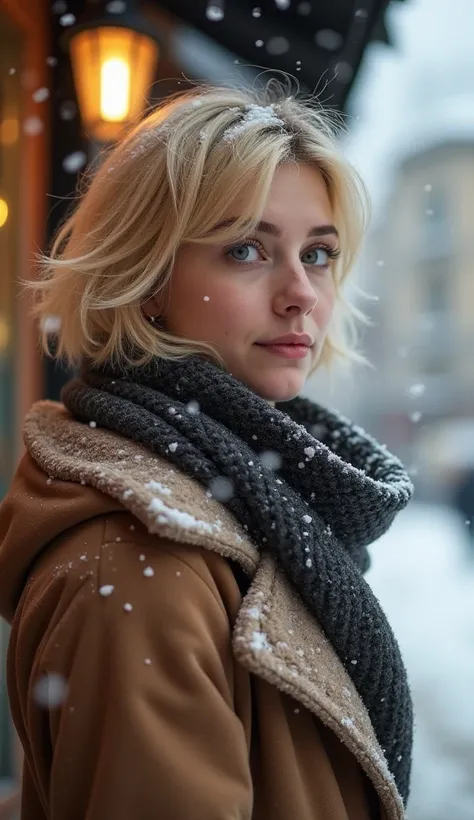 Winter afternoon, falling snow, beautiful woman in casual winter clothes looking in shop. Description: Photorealistic, Masterpiece, Top quality, RAW photo, Solo, Short hair, Blonde, Detailed face, Attractive face, Dynamic pose.