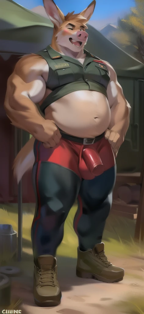  alone, Male tall  , massive torso ,Standing  ,Military camp, Big Pig Kangaroo  , Soldier Red Tights ,  Wearing Military Shoes ,  Overweight ,  Muscle Bundle, Sexual Emotions , by chunie 