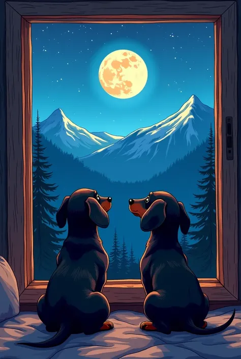  Easy to reproduce colorful drawing with dachshunds looking at the moon from the window. Only the black shape .  The sky must be blue with a night atmosphere and the mountains in the background. The interior of the room is a mountain living room 