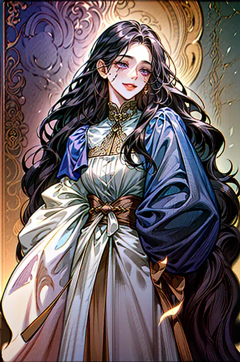 a beautiful adult woman with long black wavy hair, purple eyes, mole under her right eyes, two moles on her left cheek, cute smile, cute, detailed white dress, from waist and up, historical fantasy, detailed face, very detailed 8k resolution, soft smile