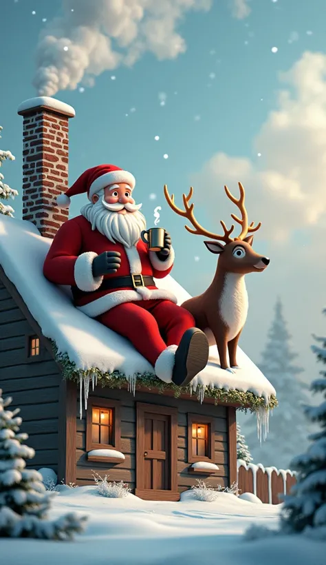  Santa Claus is sitting on the roof of a house. Next to him is a reindeer .  Smoke comes out of the chimney of the house . It&#39;s snowing.  Santa Claus is drinking a steaming coffee .