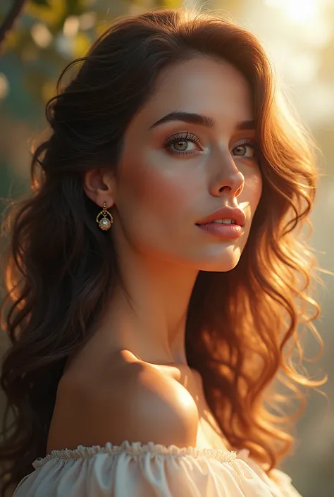 Image of great grace and radiance, beautiful woman, with beautiful make-up, perfect face, beautiful hair. sync, mod, enhancement and development, featured hybrid painting, gorgeous backgrounds, incredible detail and composition, stunning visuals, 8k RAW HD...