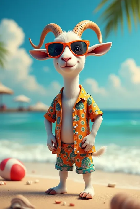 Make a photo of a goat in a beach suit