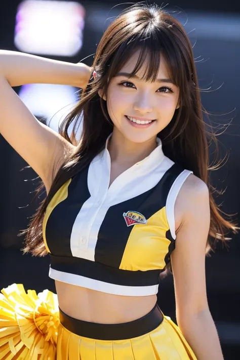 ( top quality,  Masterpiece , 超 high definition , ( photorealistic:1.4),  RAW photos ,  very detailed),  cowboy shot,  dynamic poses , ( 1 girl ,  Japanese idol and 、 most popular cheerleader ,  Dance on the School Festival Stage , ), (Yellow cheerleader w...