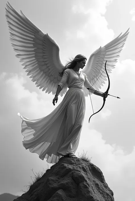  Imagine an angel who has a full-body image whose wings are large that I can draw on top of a rock that looks miraculous with an enchanting pose that he is in battle with a bow and arrow and is a wonderful work with a marked body that can be seen on his fa...