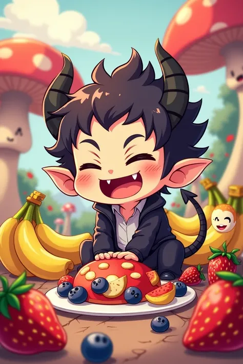 Prompt:
"A cute chibi-style male demon happily eating fruits like bananas, mushrooms, strawberries, and blueberries. The demon has a playful and mischievous expression, sitting surrounded by various fruits that have lively features such as eyes, mouths, an...