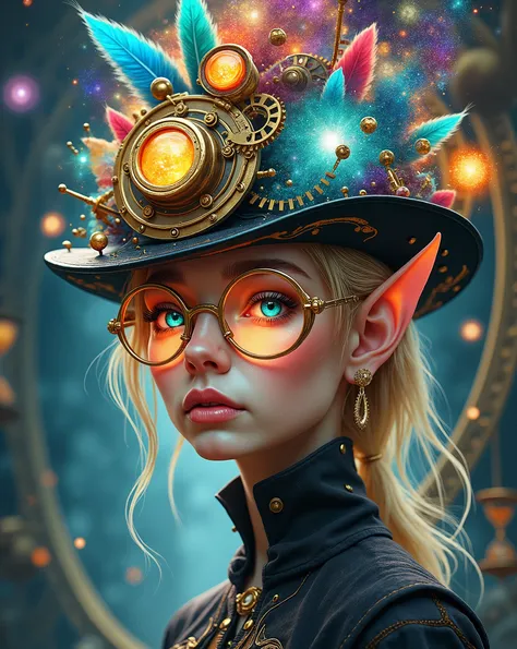 "A surreal and avant-garde steampunk-inspired cinematic portrait of a stunning elf woman with blonde hair and blue eyes, wearing oversized, futuristic glasses and an extravagant, imaginative hat. The hat is an intricate fusion of abstract steampunk element...