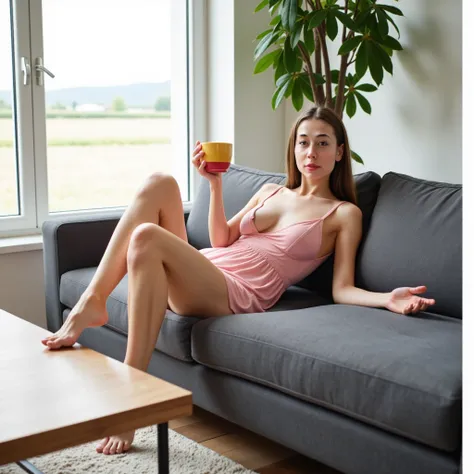 (full-body shot:1) Realistic images (Lying position:1) Surrealism, photography, long brown hair, Miss, 24 years old, Hourglass figure, Perfect body, Flirty look, large breasts, Blurred Background, She lies on a modern gray sofa in the living room, She look...