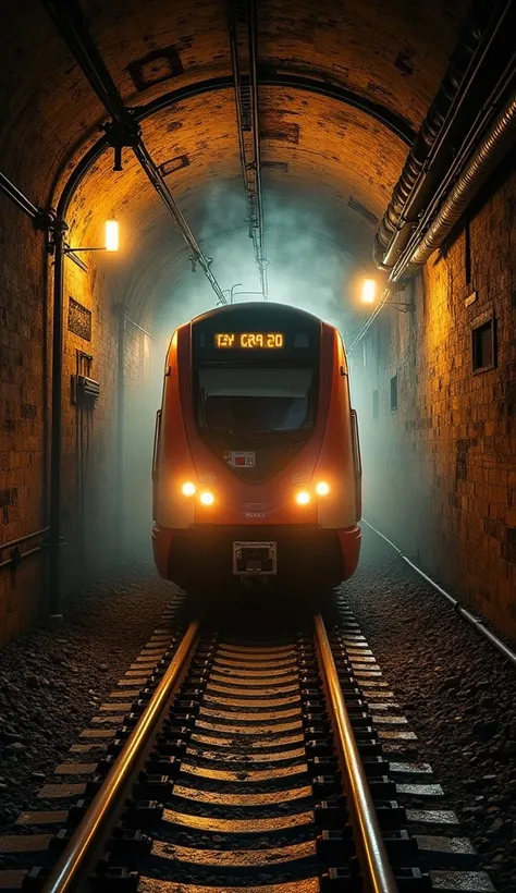 In cinematic 3D style ,HD image, realistic image, colourful image. 
Action,A metro train is running inside a very old tunnel. A lot of lights are burning inside the old tunnel.
