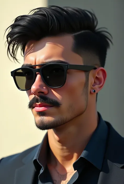 Make him younger, around 20 years old, with black small moustache and pilot sunglasses