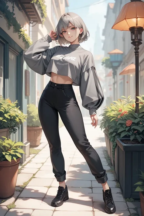 1girl, wearing a gray cropped shirt with long dark gray sleeves, black long low rise pants, black shoes