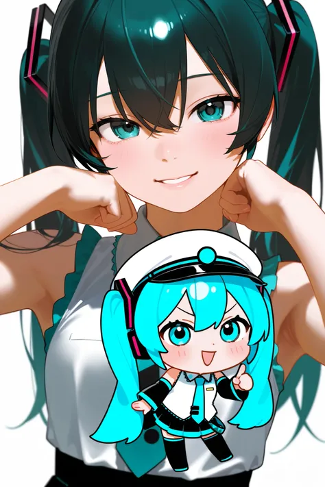  photorealistic 、Chibi Miku （Thumb up your right hand while doing a comical pose、Close your left eye）