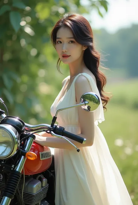 draw me a picture of a beautiful Korean woman wearing a white dress and using a Honda CB100