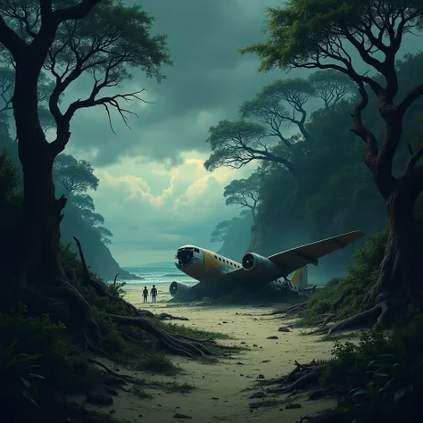 A dark and eerie island scene representing the themes of chaos and survival in William Goldings "Lord of the Flies." The landscape includes a dense, ominous jungle with twisted trees and overgrown vegetation. A distant, crumbling wrecked airplane lies part...