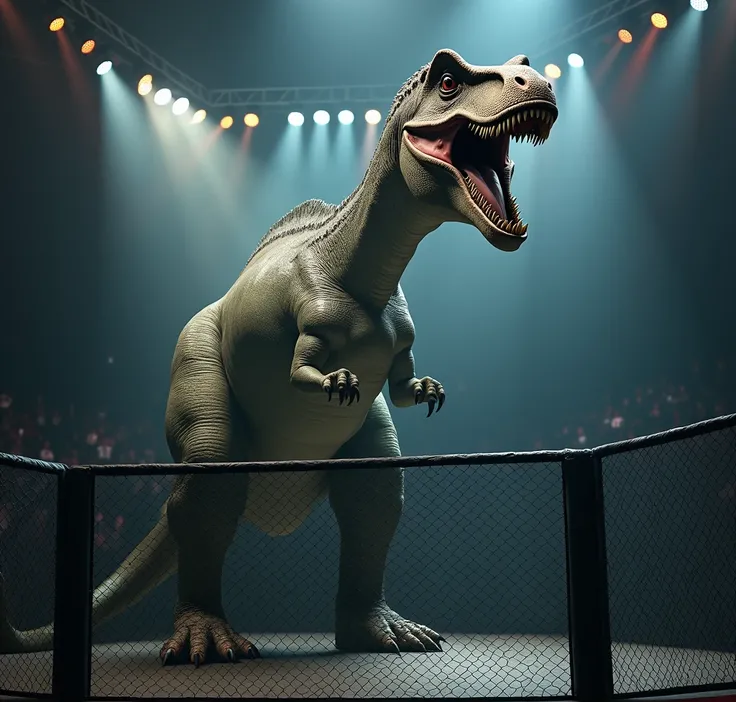 A colossal Brontosaurus stands tall within the octagonal UFC ring, its long neck arched in a snarl, eyes blazing with fiery intensity. The dimly lit arena spotlights cast an eerie glow on the beasts scaly skin, accentuating its imposing stance. A fierce de...