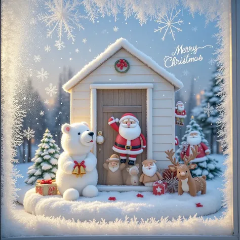  A Christmas house glass window ， paint with ice and snow on the glass window，White grainy ， The center of the picture is a door on a round grassy platform，There is snow on the grass， Santa laughing and peeking out of the door ，Half of the body is showing ...