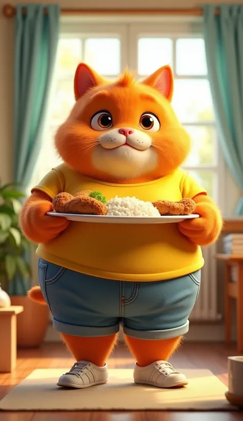 " High-quality 3D rendering of an anthropomorphic orange hairy fat man kitten, Wearing a yellow shirt, blue jeans shorts , white shoes.  The cat is very fat . carrying a plate of rice and fried chicken in both hands.  The background is in a cozy indoor roo...