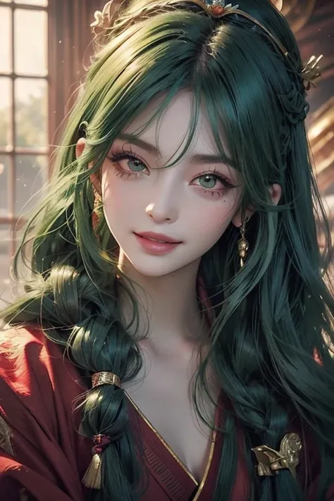 (    top quality :1.2),         1 cock     ((   green hair:1.2))、    realistic         :1.37, fantasy,  illustrations,        green eyes、         queen         ,          Red Dress        .Platinum decoration、 beautiful、(( beautiful目)).         Eyeshadow R...