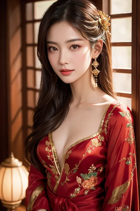 "A hyper-realistic 8K photo-quality portrait of an ancient Chinese beauty, facing the camera with a captivating, gentle smile. She wears a luxurious, sensual red silk robe adorned with intricate gold embroidery, draping elegantly to reveal subtle glimpses ...