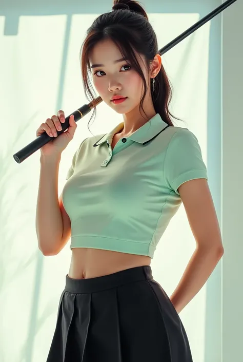 （Highly detailed body，Highly detailed face，the best quality：1.2）, The young korean woman is wearing Pastel tone tight collar t-shirt and a black tennis mini skirt. She has Ponytail hairstyle and is looking straight at the audience. She is holding a golf cl...