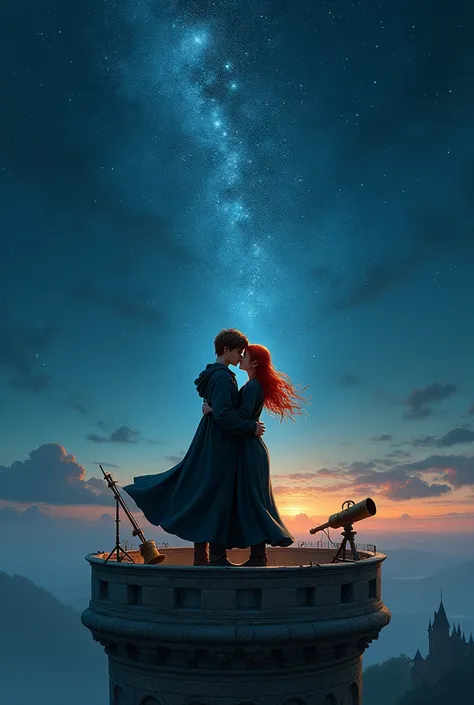  Harry Potter and a red-haired girl cuddle against the starry sky, standing on an astronomical tower 