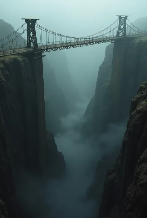 An ancient wooden suspended transcontinental bridge in the air
Leela
A dark hall covered with fog
Dont see its end
High-rise suspension bridge
Over an abyssal valley that is very dark
Top perspective
At the bottom of the bridge there is a dark darkness