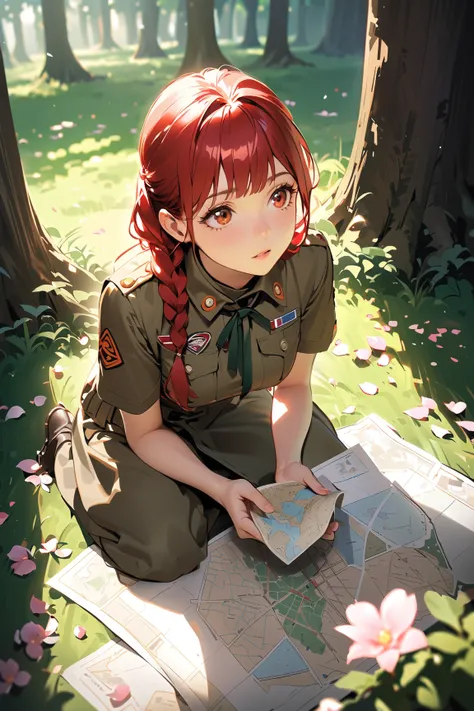 1 girl, (strategic face), young adult, long braided hair, (dressed in a scouts outfit with utility pockets), medium breasts, fit, (drawing a map while kneeling),  
BREAK  
hidden glade surrounded by trees, petals scattered on the ground, (looking up occasi...