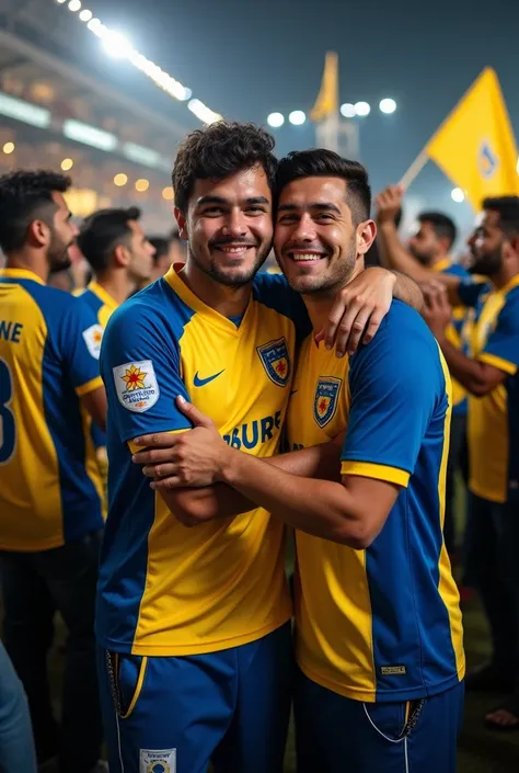  If you would like a description of a scene in which two people who are fans of Club America , proudly showing their support ,  may be embracing or celebrating together .  They may be wearing the official jersey of the team ,  with the shield on their ches...