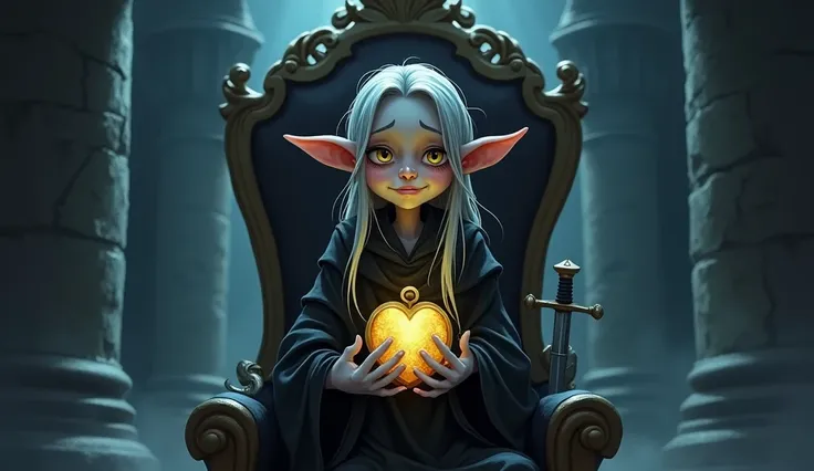 Inside a dark castle, A sad,bitter, thin ,tall cartoon elf ( pale skin, sharp features, long gray hair, and a tattered black robe) overwhelmed ,smiling ,holding a big golden locket, sitting on the throne ( sword attached)