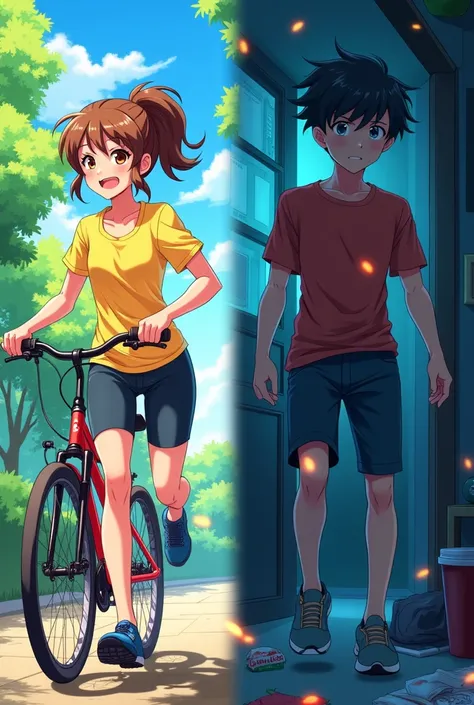 A teenager with an healthy life and a teenager with an uhealthy life in anime art