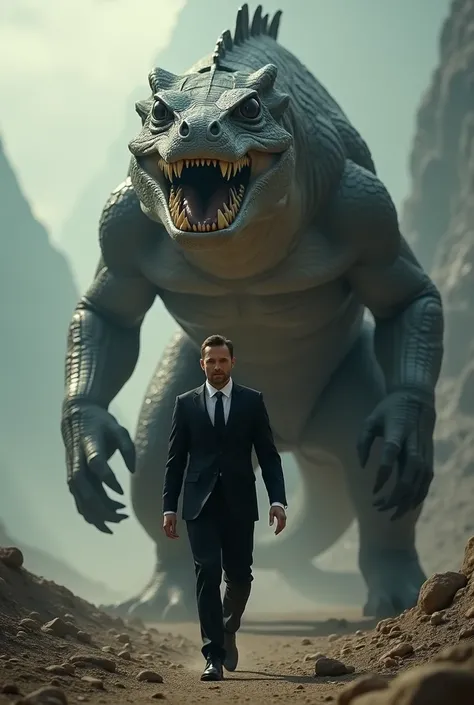 A man dressed in a black suit and walking alongside a very giant ferocious sianga walking together