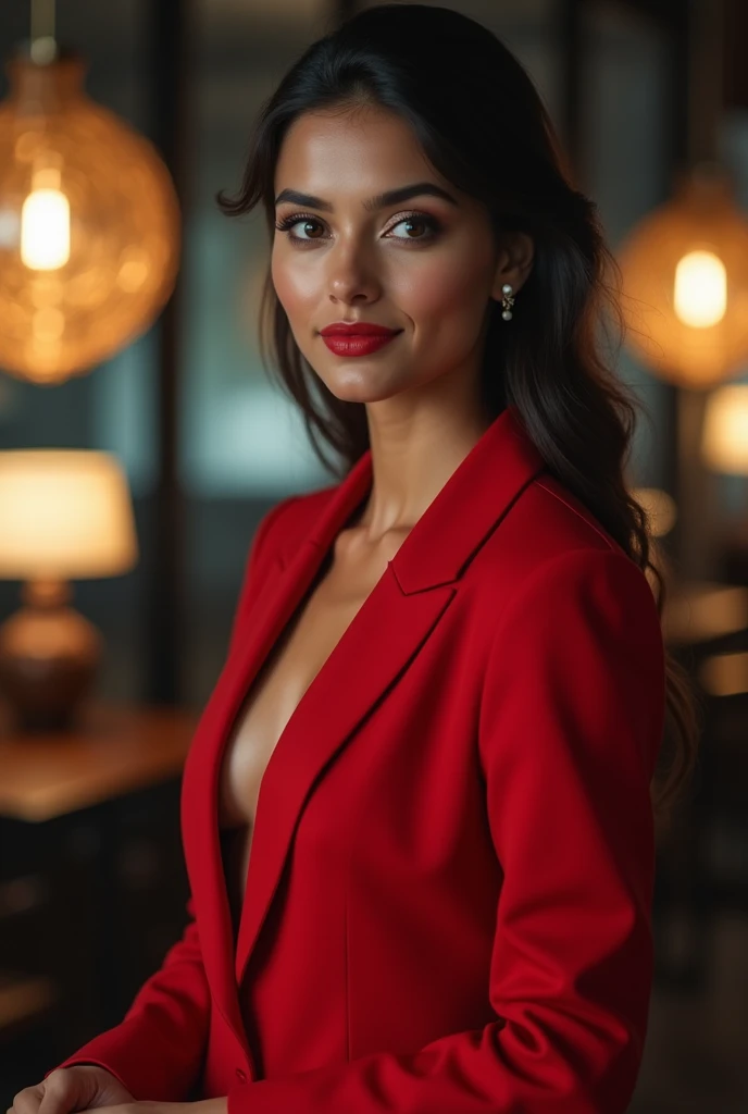 Portraits，Indian Beauty，customer service姐，customer service, wearing a red lady suit，Smile，Smile， faces the audience， watching the audience , perfect facial features ， beautiful eyes， light red lips ，Round face， tall nose ，Black eyeshadow，reality， cinematic...