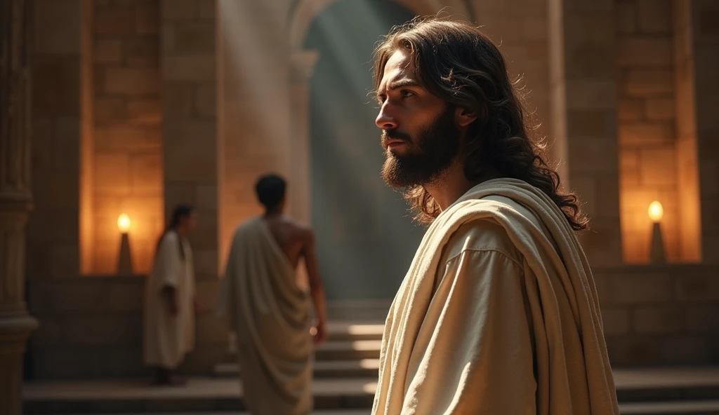 Setting: At the Altar in the Temple
A half-body close-up of Jesus standing near the altar, looking to his side with a calm and firm expression. In the background, a man carrying a gift for the altar hesitates, turning back as if realizing he needs to recon...