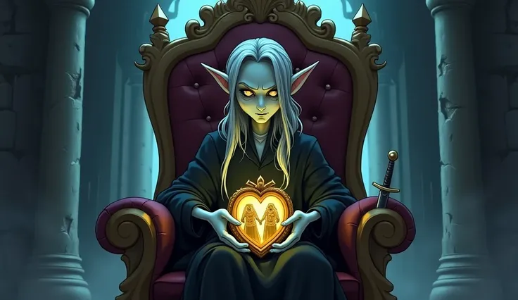 Inside a dark castle, A bitter, thin ,tall cartoon elf ( pale skin, sharp features, long gray hair, and a tattered black robe) overwhelmed ,smiling ,holding a big golden locket( family pictures in it), sitting on the throne ( sword attached)