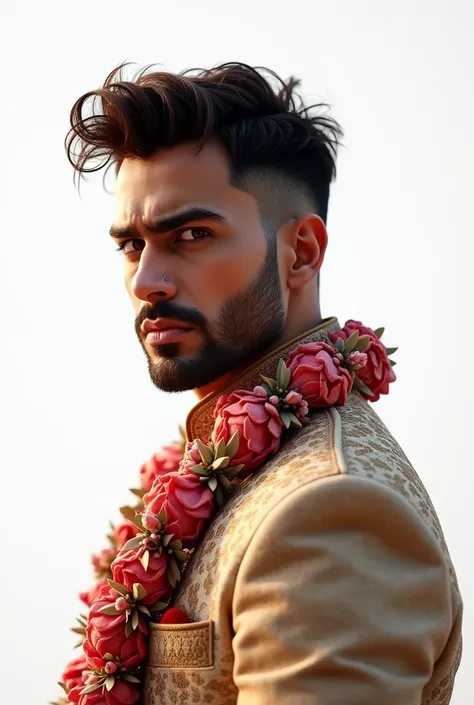 create a side pose of  old young, fair & handsome dulha without beard in modern style sherwani & garland in his neck looking towards camera , with angry expression , very fair & handsome , white background