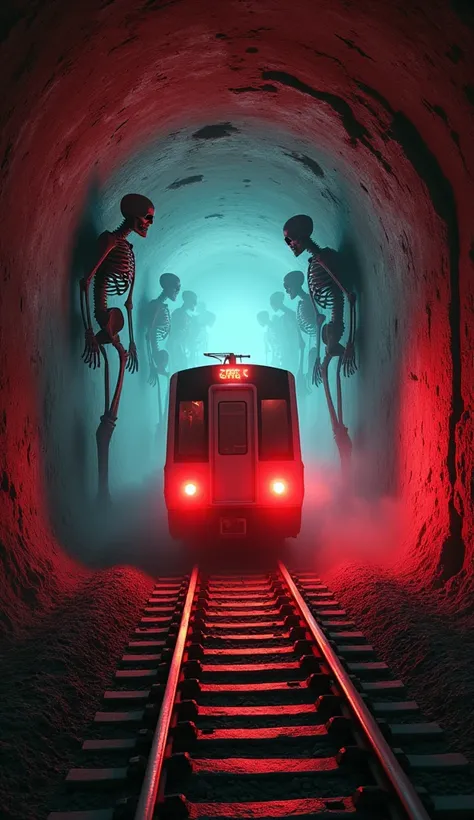 In cinematic 3D style ,HD image, realistic image, colourful image. 
Action,A metro train is running inside a very old tunnel. A lot of red lights are burning inside the old tunnel. 30 of big skeletons are standing on both sides with the support of the tunn...