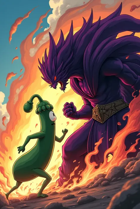 A dramatic, vibrant anime-style illustration of a tense confrontation between a determined, anthropomorphized courgette, clad in a sleek green jumpsuit, and a majestic, brooding aubergine, dressed in a regal, dark purple robe, set against a dynamic, swirli...