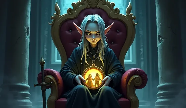 Inside a dark castle, A bitter, thin ,tall cartoon elf ( pale skin, sharp features, long gray hair, and a tattered black robe) overwhelmed ,smiling ,holding a big golden locket( human  family pictures ), sitting on the throne ( sword attached)