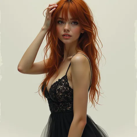 abstract Charcoal concept art, a beautiful young caucasian woman, auburn hair in a long straight style, long fringe covering one eye, tousling her wet hair, elegant glittering filigree cocktail minidress off her shoulders, standing barefooted casual, allur...